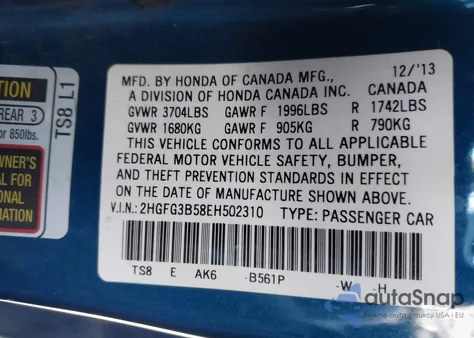 2014 Honda Civic Lx z USA, uszkodzony, nr VIN 2HGFG3B58EH502310